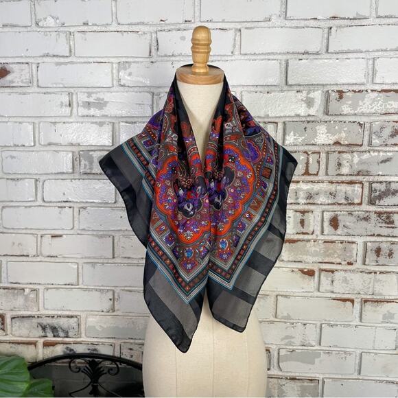 Vintage Black Purple Red Italian Floral Paisley Lightweight Scarf - Picture 5 of 8